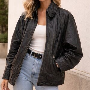 Vintage 90’s Laura Leigh Black Leather Jacket Oversized Zip Coat Pockets Women M